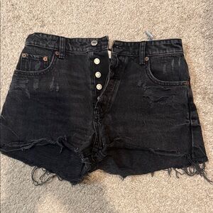 Zara Black Distressed Button-Fly Denim Shorts